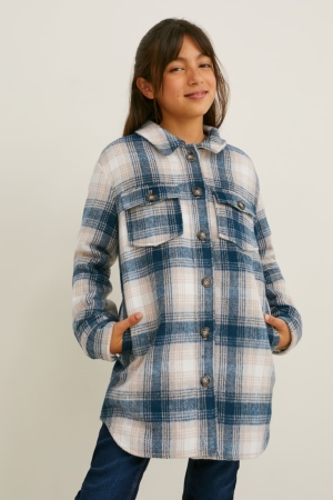 C&A Shacket Check Jacke Mädchen Dunkelblau Grau | NDPZR-1270