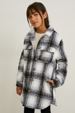 C&A Shacket Check Jacke Mädchen Schwarz Grau | ZUPAE-3145