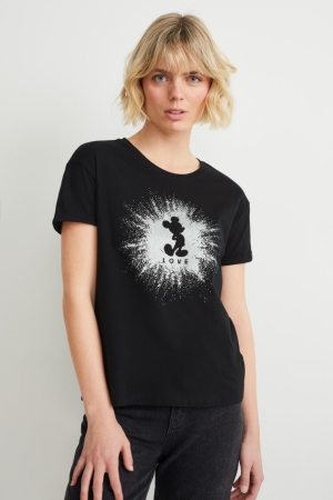 C&A Shiny Mickey Mouse T-shirts Damen Schwarz | QKYEG-1703