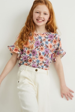 C&A Sleeve Floral T-shirts Mädchen Weiß | HUGBI-4568