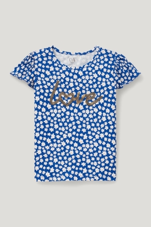C&A Sleeve In-conversion Baumwoll Floral T-shirts Mädchen Blau | IXRZU-8340