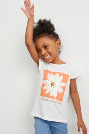 C&A Sleeve In-conversion Baumwoll T-shirts Mädchen Weiß | HLVQB-6895