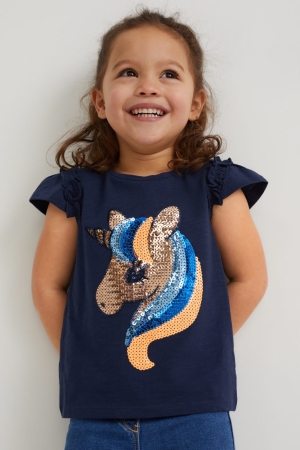 C&A Sleeve Shiny T-shirts Mädchen Dunkelblau | BOSYQ-0928