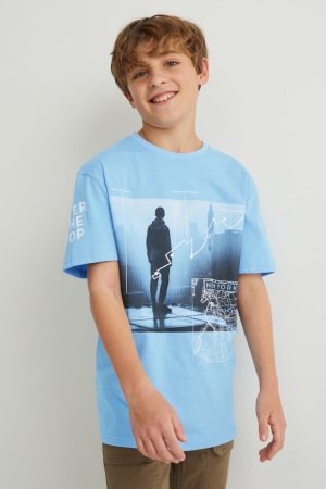 C&A Sleeve With In-conversion Baumwoll T-shirts Jungen Hellblau | HLACF-2897