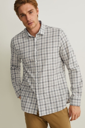 C&A Slim Fit Kent Collar Check Hemd Herren Grau | JWXQE-8603