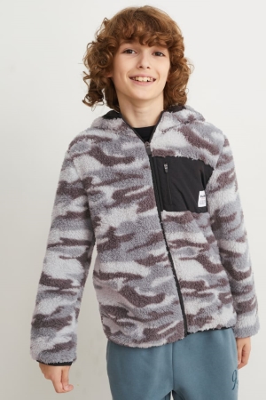 C&A Teddy Fur With Hood Patterned Hoodie Mädchen Grau | KLNIJ-9087