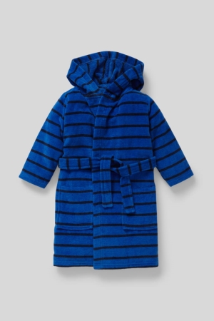 C&A Terry Bathrobe With Hood Organic Baumwoll Gestreift Bademode Jungen Blau Schwarz | QMEGI-0924