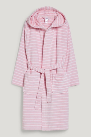 C&A Terry Bathrobe With Hood Organic Baumwoll Gestreift Bademode Mädchen Rosa | TUEXS-6790