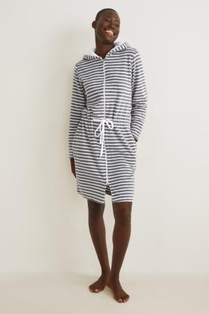 C&A Terry Cloth Bathrobe With Hood Gestreift Nachtwäsche Damen Weiß Grau | WICBE-6379