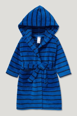 C&A Terry Cloth Bathrobe With Hood Organic Baumwoll Gestreift Bademode Jungen Dunkelblau | FXHZM-3670