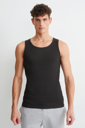 C&A Vest Double Rib Organic Baumwoll Oberteile Herren Schwarz | ECNLM-3649