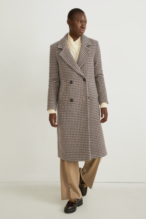 C&A With Shoulder Pads Wolle Blend Check Mäntel Damen Beige | DXGZV-6817
