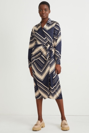 C&A Wrap With Recycled Polyester Patterned Kleider Damen Dunkelblau | GLETB-0135